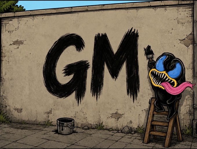 A black slime monster with a menacing grin and pink tongue stands on a ladder, spray-painting "GM" (Good Morning) in bold black letters on a weathered concrete wall, with a bucket of paint at the base. The image playfully visualizes the crypto/NFT community's common "GM" greeting, with the colorful character embodying the spirited "Good morning to NFTs" message.