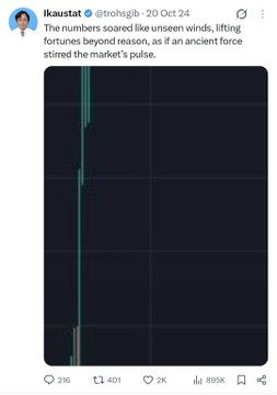 The image is a screenshot of a tweet from user @ikoausstat dated October 20, featuring a green price chart with the text "The numbers soared like unseen winds, lifting fortunes beyond reason, as if an ancient force stirred the market's pulse." The caption notes "8/11 #XRP," suggesting this is part 8 of 11 in a series about XRP, with the chart likely depicting a sharp upward price movement for the cryptocurrency.