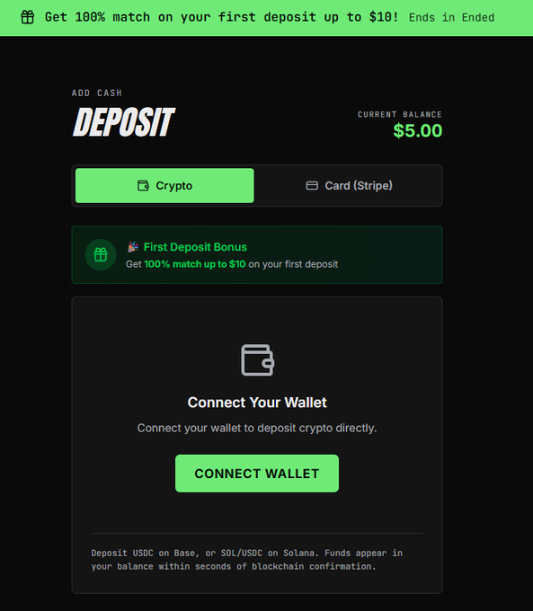 A deposit page on geostakes.com showing a $5.00 current balance, with options to deposit via Crypto or Card (Stripe), highlighting a "First Deposit Bonus" of 100% match up to $10, and a "Connect Wallet" button for adding USDC on Base or SOL/USDC on Solana—directly relevant to the signup and Solana deposit required for the giveaway.