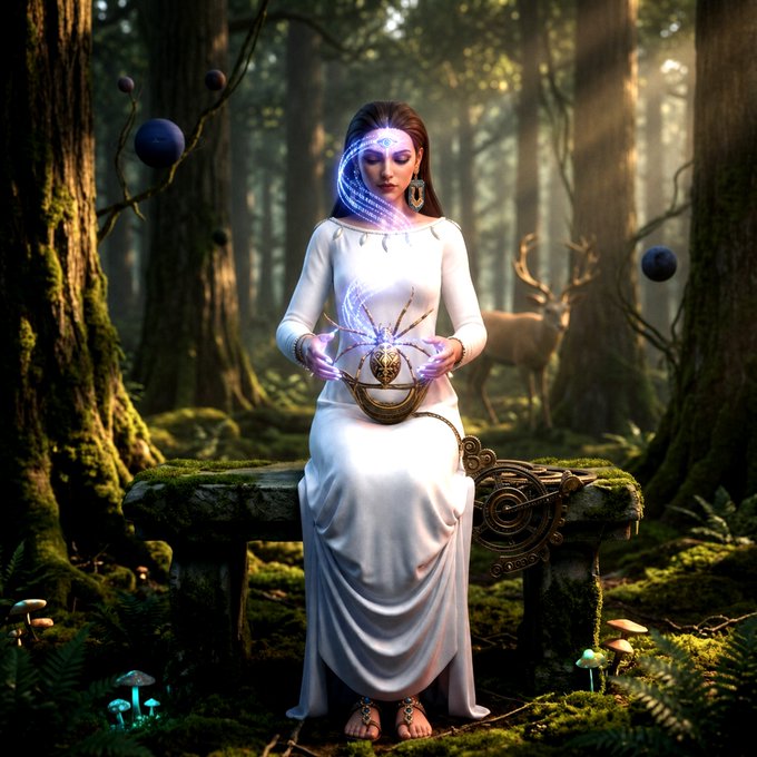 A digital artwork of a woman in a flowing white dress sitting on a mossy stone bench in a forest, holding a glowing magical object with a deer visible in the background.