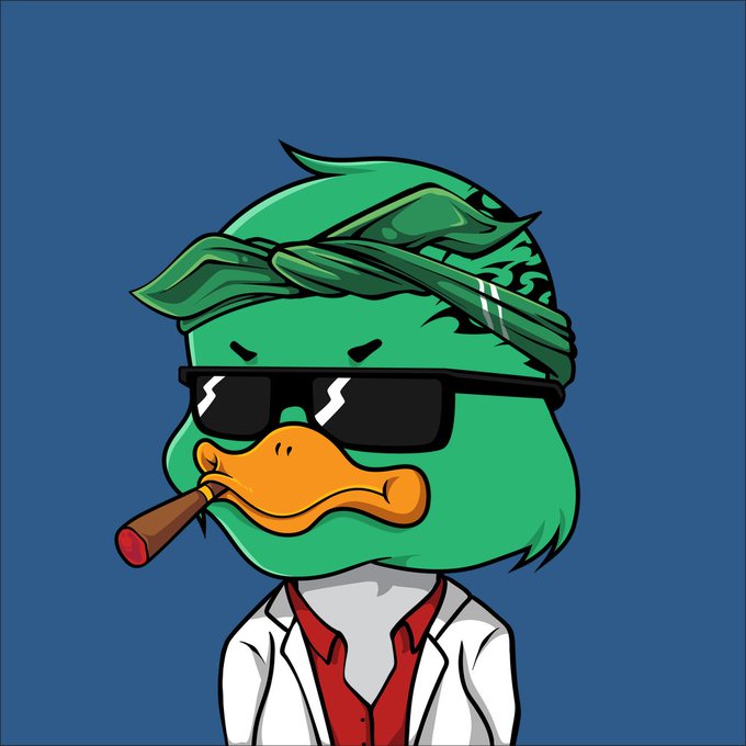 A green cartoon duck wearing sunglasses, smoking a cigar, and sporting a red shirt under a white blazer, set against a blue background, styled as a "DuckMafia" NFT character. The image serves as branding artwork for the giveaway announced in the post, which lists winners.