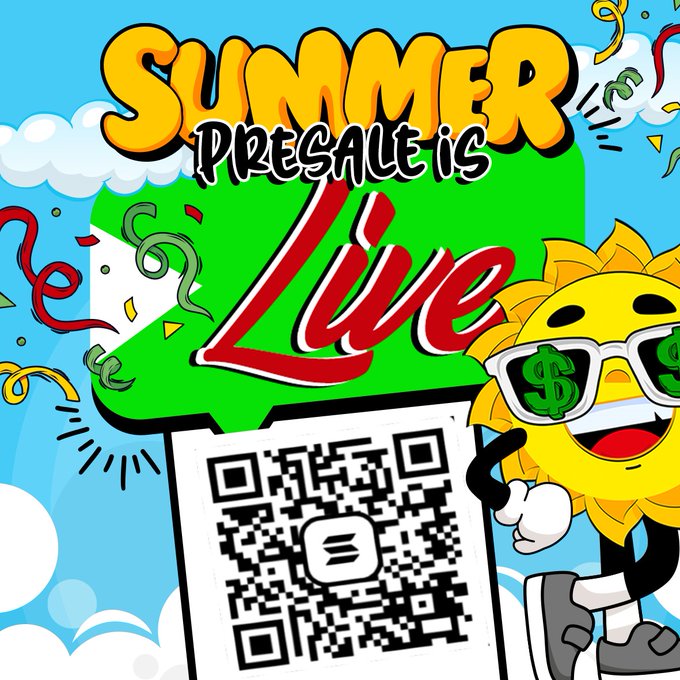 A colorful promotional graphic reading 'SUMMER PRESALE IS Live' featuring a cartoon sun character wearing dollar-sign sunglasses, alongside a QR code with a Solana logo.