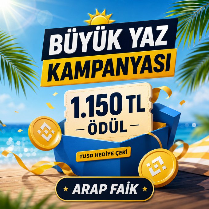 The image is a vibrant promotional graphic for Binance TR's "BÜYÜK YAZ KAMPANYASI" (Big Summer Campaign), featuring a sunny beach backdrop with palm leaves and a treasure box holding a "1.150 TL ÖDÜL" (1,150 TL Prize) gift ticket, alongside Binance coins and a banner reading "ARAP FAIK." It visually reinforces the post's message about Binance TR's summer campaign offering rewards for new crypto buyers, using summer-themed elements like sunshine, palms, and festive ribbons to convey excitement and opportunity.
