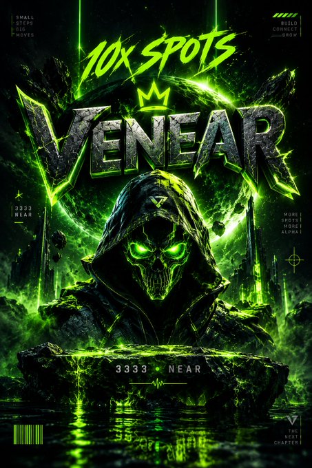A neon green and black promotional graphic features a glowing skull in a hooded cloak with the text '10X SPOTS', 'VENEAR', and '3333 NEAR'.