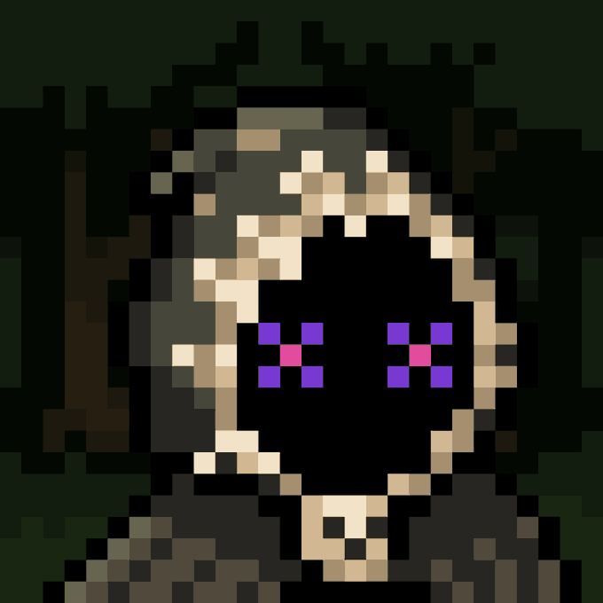 A pixel art style image showing a character with glowing purple and pink X-shaped eyes and blonde hair against a dark green background.