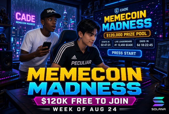 A promotional graphic for "CADE MEMECOIN MADNESS" featuring two young men at a gaming setup, advertising a $120,000 prize pool with countdown timers and "$120K FREE TO JOIN WEEK OF AUG 24" displayed prominently alongside the Solana logo.