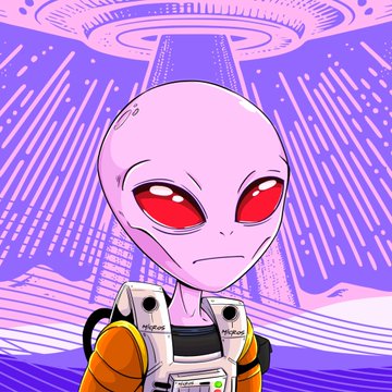 An angry-looking purple alien NFT astronaut floats beneath a glowing UFO against a neon space backdrop, embodying the cosmic "Astro CREW" theme. The artwork ties into the celebratory post about the mint out and the collab shoutouts from MutantsOnSol and MrAduitore.