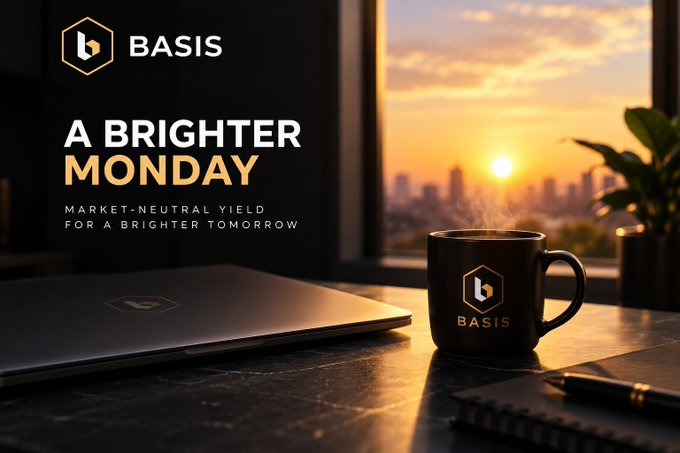 An advertisement for 'BASIS' with the text 'A BRIGHTER MONDAY, MARKET-NEUTRAL YIELD FOR A BRIGHTER TOMORROW,' showing a steaming branded coffee mug and laptop by a window at sunset.