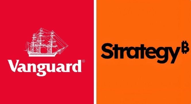 The image features two logos side by side against a gray background. On the left, there's a red square with a white ship logo inside of it. The right side has an orange square with the word "Strategy" written on it. Both logos are in black and white colors. The text above the logos reads: "VANGUARD Just loaded up on $MSTR". Below these logos, there's another text that says "The same Vanguard managing trillions. The same Vanguard that never chases hype."