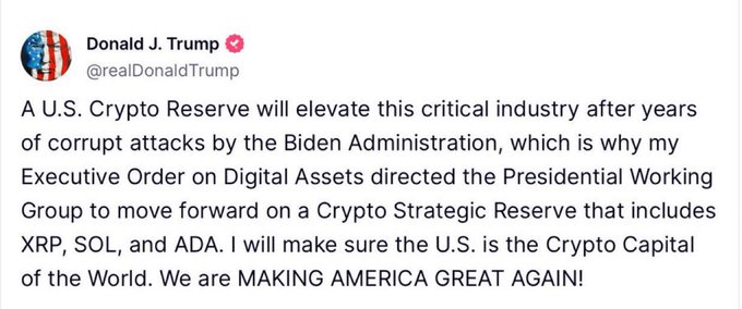 A screenshot of a tweet from Donald J. Trump's verified @realDonaldTrump account announcing a U.S. Crypto Strategic Reserve including XRP, SOL, and ADA, with the post highlighting the mention of $XRP as Trump publicly endorsing the cryptocurrency.
