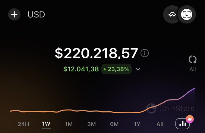 A CoinStats cryptocurrency portfolio display showing $220,218.57 USD with a 23.38% gain over 1 week.