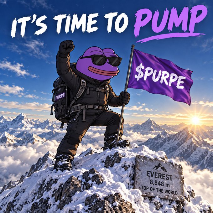 A promotional image showing a cartoon frog character wearing sunglasses and winter gear, holding a purple '$PURPE' flag on a snowy mountain peak, with text reading 'IT'S TIME TO PUMP' and 'EVEREST 8,848 m TOP OF THE WORLD'.