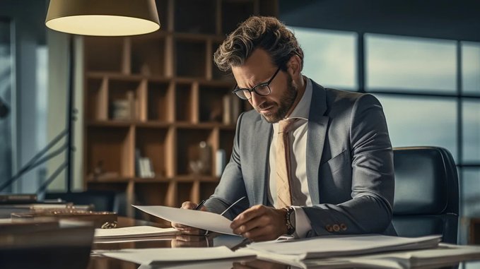 A man in a gray suit and glasses sits at a desk in a dimly lit office, intently reviewing documents under a warm overhead lamp.