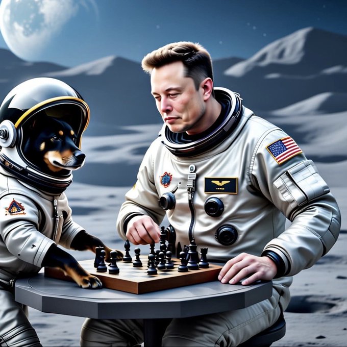 An AI-generated image of Elon Musk playing chess with a dog wearing a spacesuit on a lunar surface with Earth visible in the background.