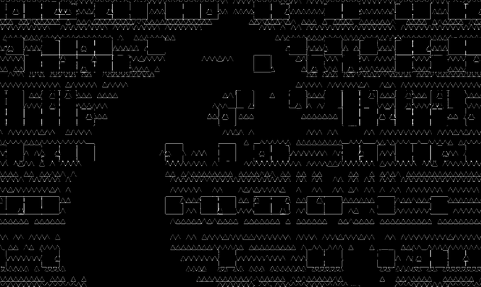 A black background filled with white ASCII-style symbols, boxes, and zigzag patterns resembling cryptic text or code art.