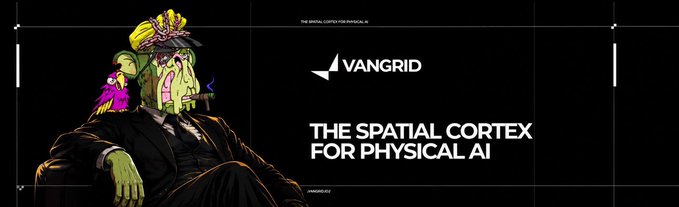 A promotional banner for VANGRID featuring a surreal figure in a suit with a melting, colorful face, with the tagline 'THE SPATIAL CORTEX FOR PHYSICAL AI.'