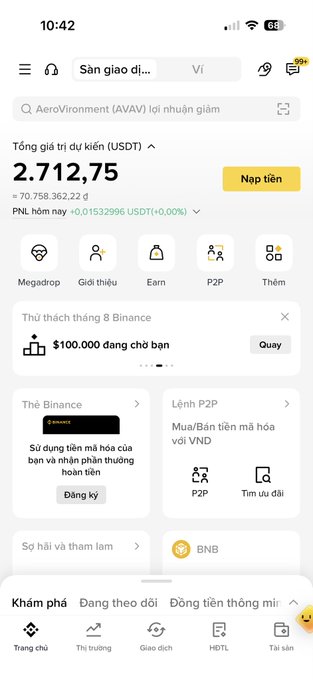 A screenshot of the Binance app interface in Vietnamese, showing AeroVeronment (AVAV) stock price at 2,712.75 USDT with navigation options for Megadrop, Earn, P2P, and various promotional features.