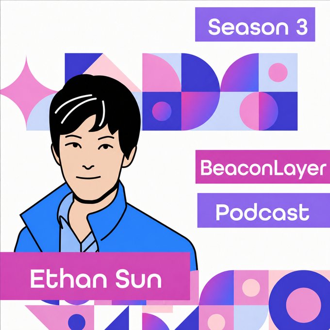 The image is a promotional graphic for Season 3 of the BeaconLayer Podcast, featuring an illustrated avatar of guest Ethan Sun alongside colorful geometric shapes in pink, purple, and blue. The visual pairs with the post by introducing Ethan Sun as the featured guest who shares MyShell's founder story about transitioning from Web2 to Web3 in the open AI space.