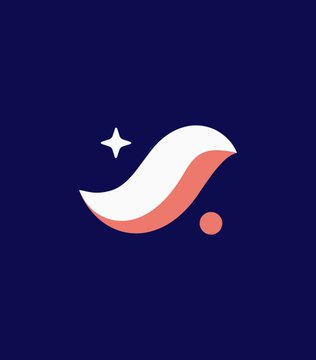 A simple logo on a dark navy background depicting a stylized white and pink wave or swoosh shape with a small four-pointed star and a dot.