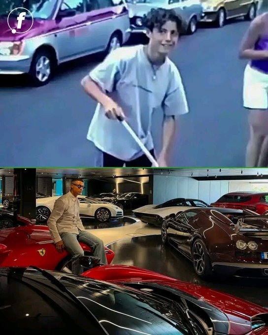 A before-and-after comparison image: the top shows a young man on a street, while the bottom shows the same man older, dressed in white, sitting on a red Ferrari surrounded by luxury cars in a showroom.