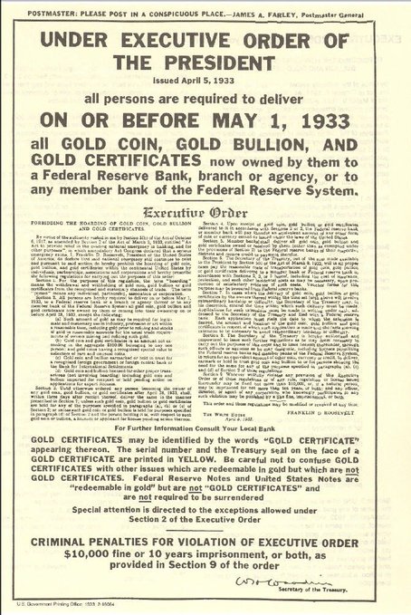 A historical U.S. government poster titled 'UNDER EXECUTIVE ORDER OF THE PRESIDENT, Issued April 5, 1933,' ordering all persons to deliver all gold coin, bullion, and certificates to a Federal Reserve Bank by May 1, 1933, signed by Franklin D. Roosevelt, with penalties of $10,000 fine or 10 years imprisonment.