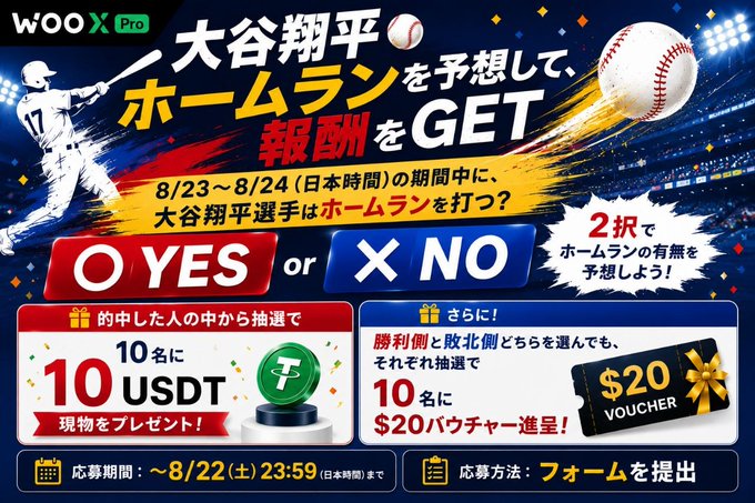 Japanese promotional banner for WOO X Pro featuring baseball player Shohei Ohtani (大谷翔平), predicting whether he will hit a home run between 8/23-8/24, with YES/NO options and prizes of 10 USDT and $20 vouchers.