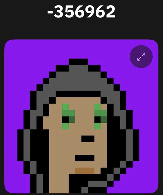 A pixel art style profile picture of a person with dark hair, green eyes, and a neutral expression on a purple background, with the number "-356962" displayed at the top.