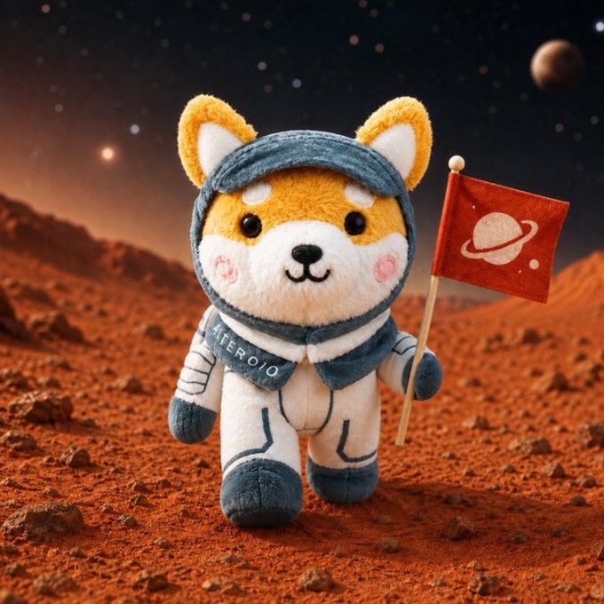 A plush Shiba Inu dog wearing a spacesuit stands on a Mars-like surface, holding a red flag with a planetary ring logo and a banner reading "Asteroid." The astronaut Shiba imagery playfully reinforces the post's message of the Asteroid community staking its ground and being "here to stay."