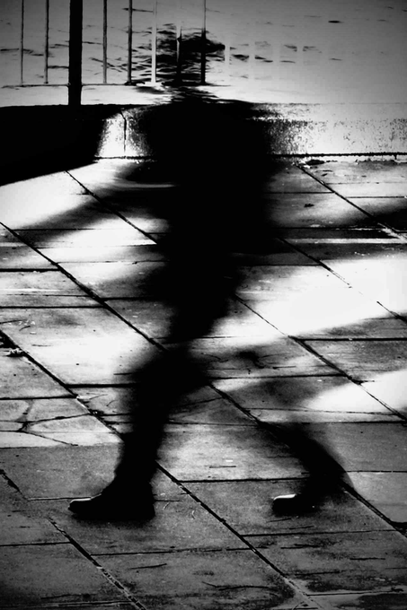 A blurry black-and-white photograph shows a person's shadow cast across a paved surface in dramatic sunlight.