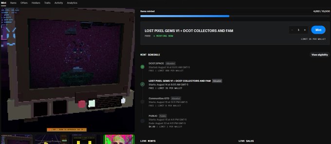 A webpage interface showing a pixel-art game called "LOST PIXEL GEMS V1 » DOOT COLLECTORS AND FAM" minted by "NOSTALGIC NOW," with mint schedule and pricing information.
