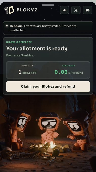 A mobile screenshot of the “BLOKYZ” NFT raffle result shows “DRAW COMPLETE — Your allotment is ready,” with “1 Blokyz NFT” won and a “0.06 ETH refund.” The three cartoon Blokyz characters below reflect the post celebrating the purchase of three raffle tickets, winning one NFT, and participating in a historically large mint.