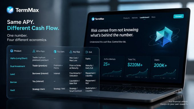 TermMax's promotional graphic emphasizes "Same APY. Different Cash Flow" with a comparison table highlighting five products (Alpha, Dual Investment, Lend, Borrow, Vault) that share identical rates but differ in who pays, who earns, and what risks are involved. The image visually supports the post's central question about how users can distinguish between these products when they appear similar on the surface, despite featuring the newly added SPY, QQQ, SPX, TSLA, and NVDA markets on Alpha.