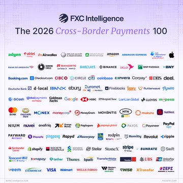 The image features a large grid of logos from various companies, including banks, payment processors, and financial institutions. The text above the image reads "@BullrunnersHQ @danwebberfx @FXCintelligence Great share on the @2026 Cross-Border Payments 100! One strong candidate worth researching for future editions: Nano $XNO : instant, feeless, decentralized digital cash built specifically for cross-border payments & remittances.". The image is related to a post about cross-border payments and includes logos from companies such as Ripple, PayPal, and Wirecard.