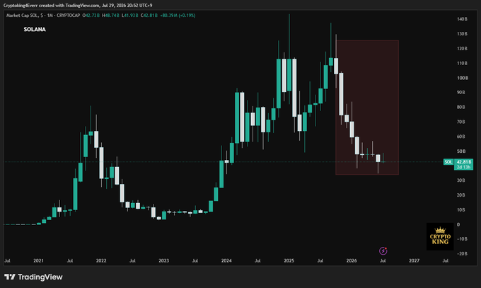 A TradingView chart of Solana (SOL) on a monthly timeframe shows a dramatic rise peaking above 120B market cap in 2024-2025, followed by a highlighted bearish downtrend (red box) where price has fallen to $142.81, a 26.1% drop, supporting the post's claim of SOL heading toward its 10th consecutive red monthly close.