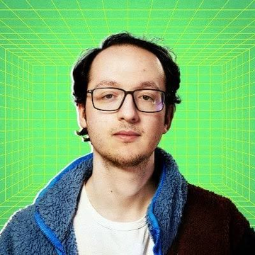 A portrait of a man with dark hair and glasses wearing a brown fleece jacket over a white shirt, set against a vibrant green retro-grid background.