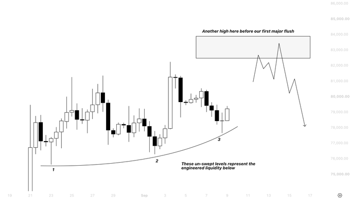 A candlestick chart showing BTC price action with annotations identifying "Another high here before our first major flush" near the 83,000-84,000 level, and labeling three un-swept lows (numbered 1, 2, 3) marked as "engineered liquidity" along a curved trendline, illustrating how these un-swept lows at approximately 76,000, 77,000, and 78,000 are intentionally left to build downside liquidity before a manipulation-driven flush.