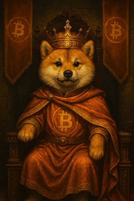 A regal Shiba Inu dog wearing a crown and red royal robes, sitting on a throne, with Bitcoin (₿) symbols on the crown, chest, and surrounding banners.