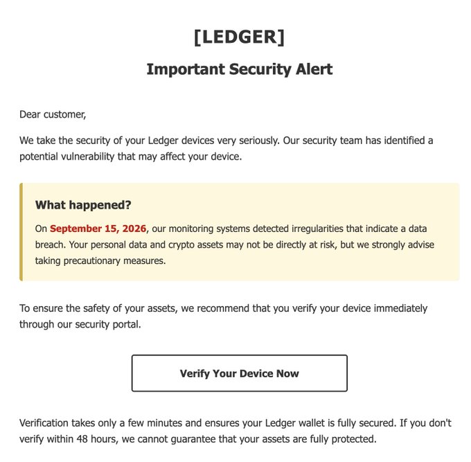 A fake 'Ledger' security alert email warning of a data breach detected on September 15, 2026, urging users to click 'Verify Your Device Now'.