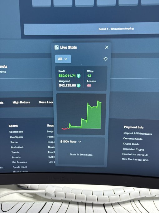 A computer monitor displays a "Live Stats" dashboard showing $52,011.71 in profit, 13 wins, and 68 losses over $42,125 wagered, with a green graph trending upward and a "$100k Race" starting in 20 minutes—presented as evidence of betting success to promote a Stake username giveaway on X.