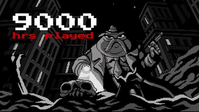 A pixel art game scene displays '9000 hrs played' in white and red text, featuring a grim detective character in a trench coat holding a gun, with a skull and city buildings in the background.