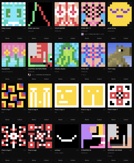 A pixel art NFT collection marketplace displaying various colorful 8-bit style artworks including 'Eddy Lizzard', 'Green was here', 'POOL DAY', 'Aqualentia', and several 'Pixel' and 'Pirata' logo designs, each with Remix and Collect buttons.