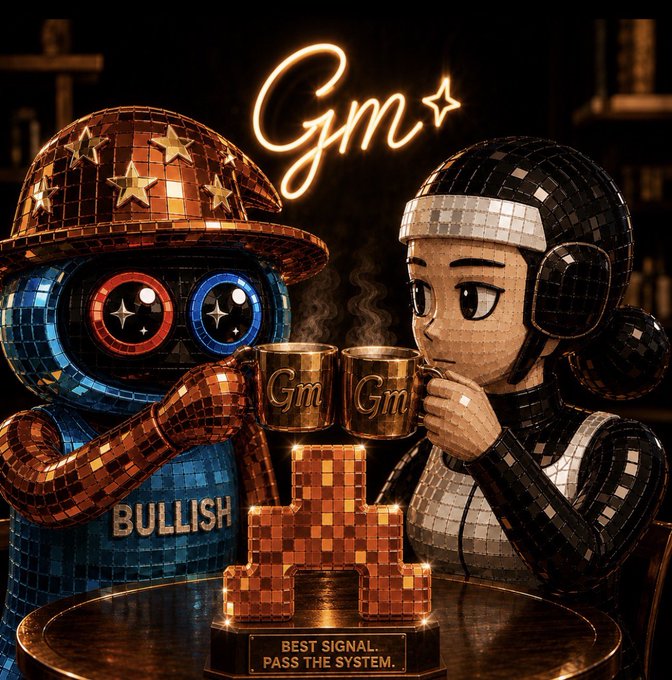 A mosaic-style artwork of two robot characters clinking coffee mugs labeled 'Gm' with a trophy reading 'BEST SIGNAL PASS THE SYSTEM' and 'BULLISH' on one figure's chest.