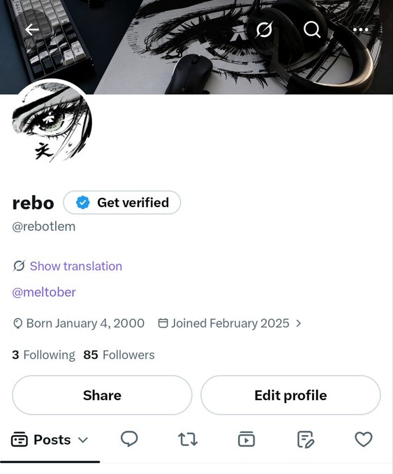 This is a screenshot of a Twitter/X profile page for the account "rebo" (@rebotlem), showing a verified user with 85 followers who joined in February 2025. The post appears to be announcing a 1 SOL giveaway split among 5 people, requiring users to follow both the poster and @rebotlem, and drop their SOL wallet address to participate.