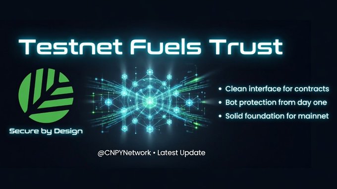 A digital promotional graphic titled 'Testnet Fuels Trust' from @CNPYNetwork highlights blockchain features including 'Clean interface for contracts,' 'Bot protection from day one,' and 'Solid foundation for mainnet.'