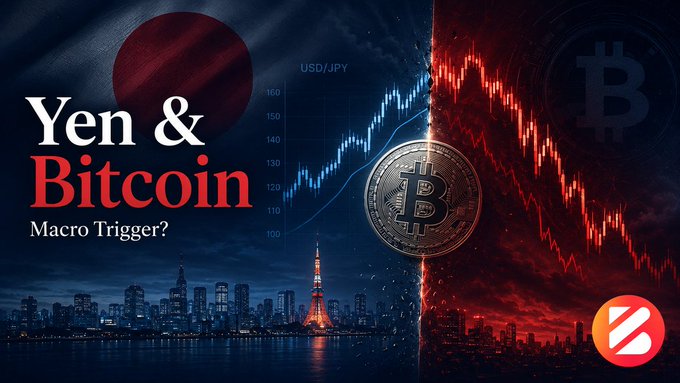 A thumbnail for a video titled 'Yen & Bitcoin Macro Trigger?' featuring the Japanese flag, USD/JPY chart, Bitcoin logo, and a Tokyo cityscape with Tokyo Tower.