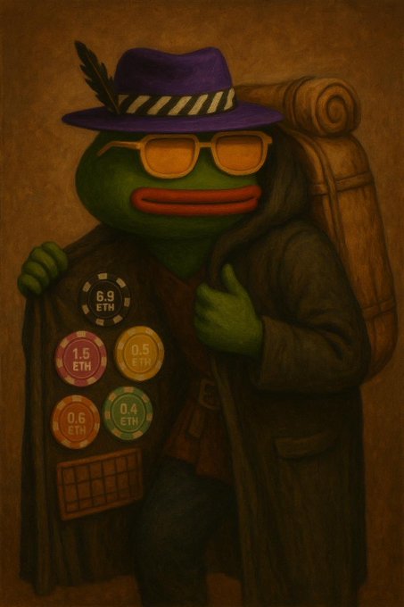 An illustrated portrait of Pepe the Frog dressed as a traveler with a purple feathered hat, orange sunglasses, a green coat, and a backpack, holding chips labeled with ETH amounts (5.9 ETH, 1.5 ETH, 0.5 ETH, 0.6 ETH, 0.4 ETH).