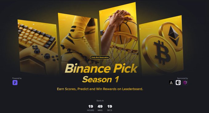 Promotional banner for "Binance Pick Season 1", featuring a keyboard, gaming controller, soccer cleat, basketball, and Bitcoin/Ethereum coins, with a countdown timer starting in 19 hours, 49 minutes, and 19 seconds.