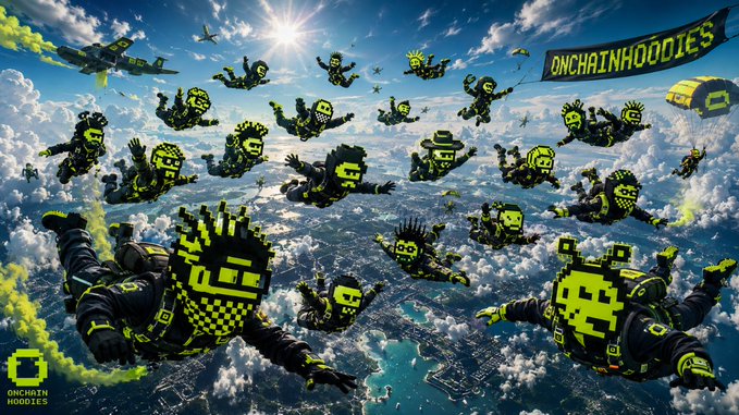 A colorful promotional image for "ONCHAIN HOODIES" featuring many cartoon characters skydiving together over a coastal landscape with parachutes and airplanes.