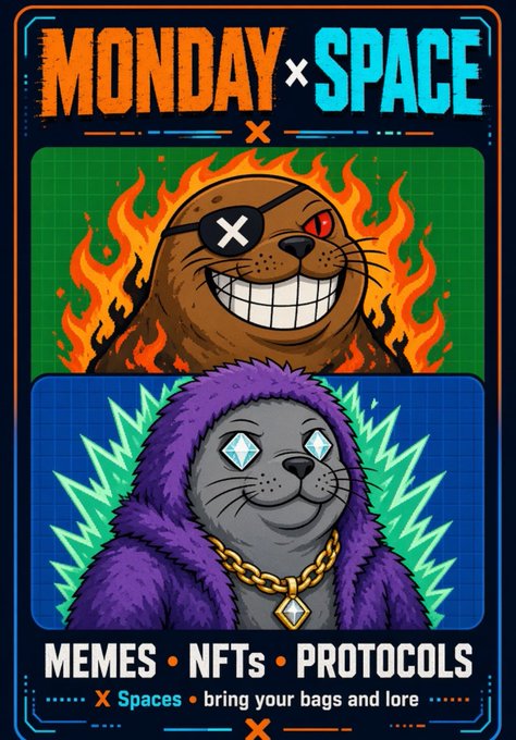 A promotional poster for a "Monday × Space" Twitter/X Space event featuring two cartoon otter-style characters—one with an eyepatch and toothy grin surrounded by flames, and another in a purple fur coat with diamond eyes and a gold chain. The poster advertises a discussion on "MEMES • NFTs • PROTOCOLS," aligning with the post's promotion of an XRP-focused Space exploring NFTs on the XRP Ledger, hosted by JennaXCrypto, peak_arf, Doodlegenics, AscendXRP, and special guest JcRivera.