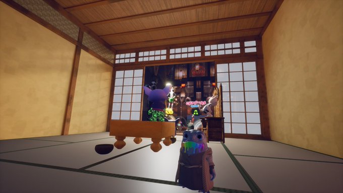 A screenshot from a virtual reality game showing a character with colorful dreadlocks standing in a Japanese-style room with shoji screens and tatami mats, facing a shrine area with another avatar.